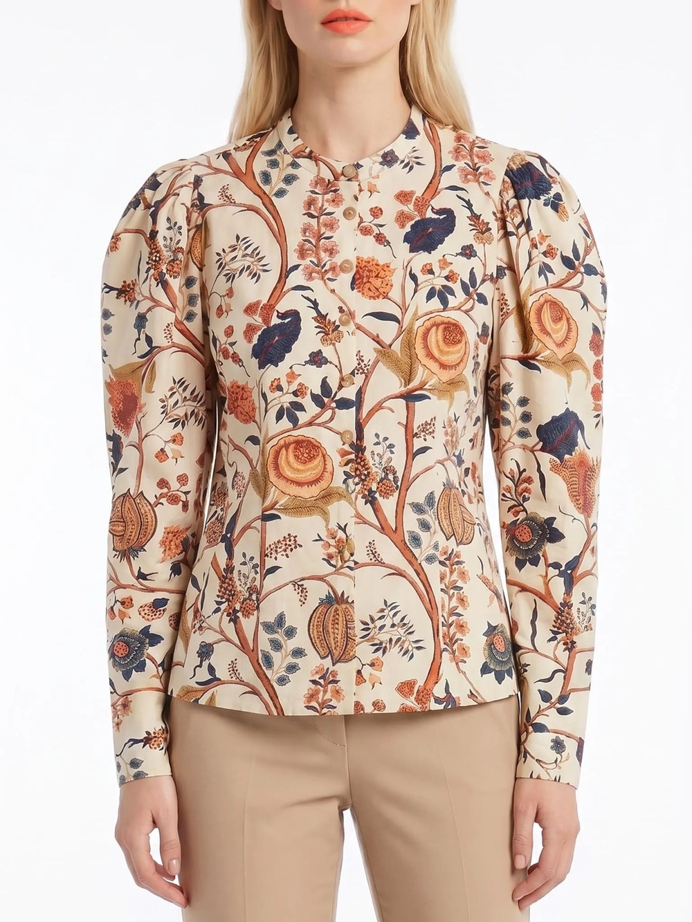 ULLA JOHNSON Floral Harriet Puff-Sleeve Blouse in Cream, Burnt Orange Navy Sz 4